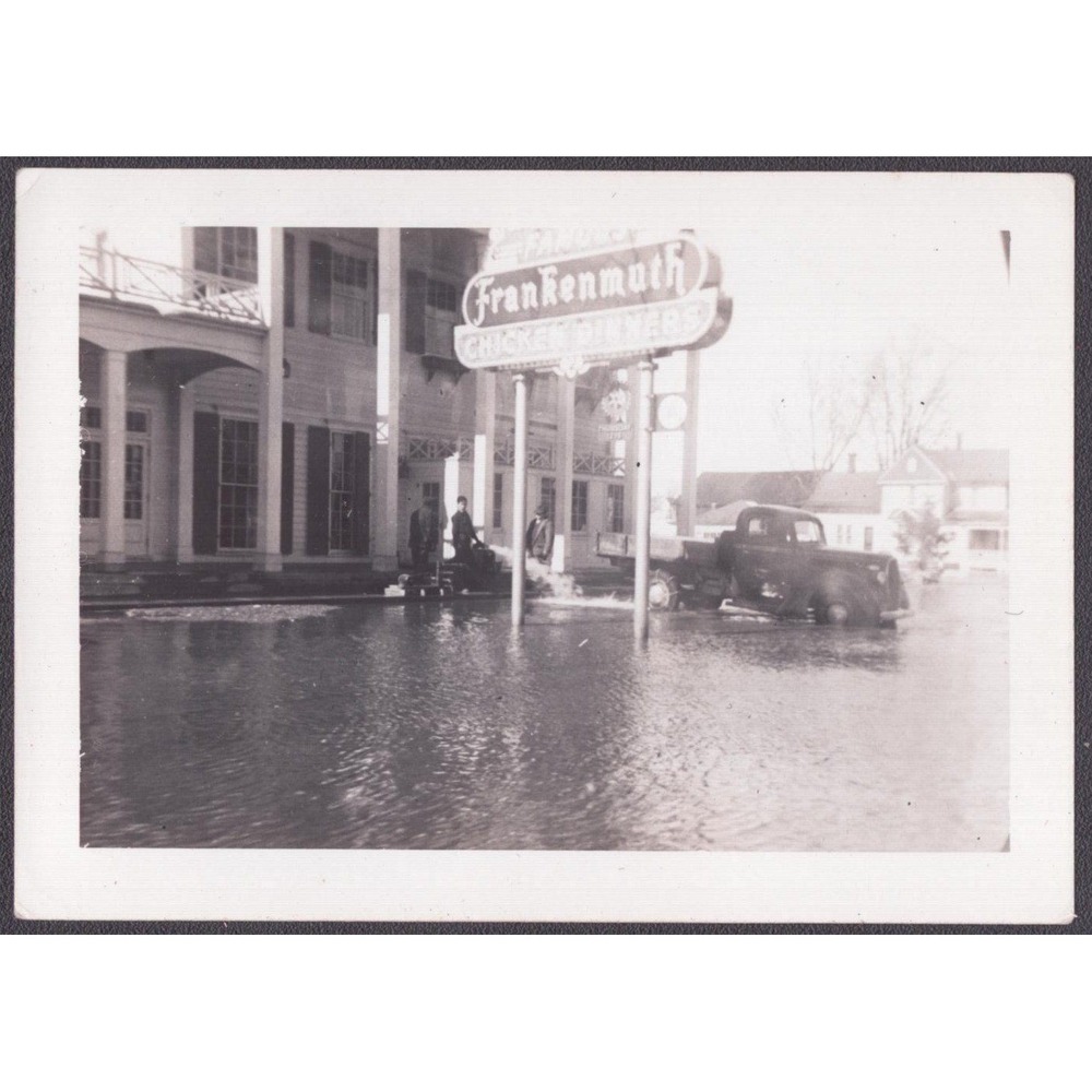 Real Photo Frankenmuth Michigan Flood Chicken Dinners Sign Truck 1940s